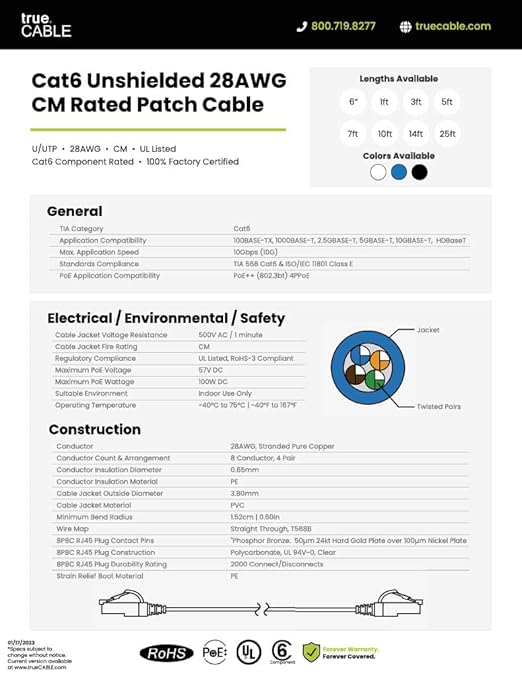 TRUECABLE Cat6 Component Rated Patch Cable, Unshielded (U/UTP), 7ft, Black, 28AWG Solid Copper, Snagless 10G High-Speed Ethernet Cable, PoE++ 4PPoE 100W, UL Listed, RoHS-3, 5 Pack
