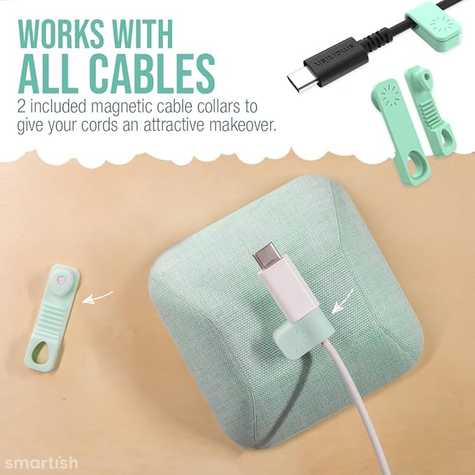 Smartish® Magnetic Cord Holder - Cable Wrangler Organizer with Magnet Clips for Charger Management on Desktop, Nightstand, or Side Table for All Cables, USB-C, Lightning Cables - Teal Me More