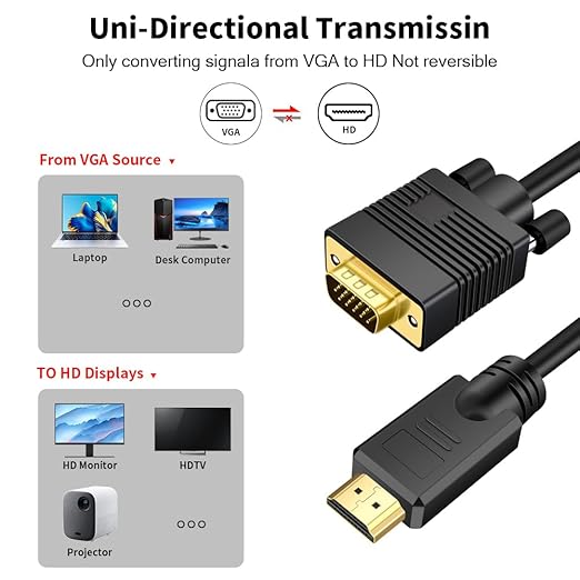 VGA (Sources) to HDMI(Display) Cable 50ft with Audio, VGA to HDMI Adapter Converter Cable Compatible Well Witch Computer/Projector/Laptop to Monitor/TV/Desktop.