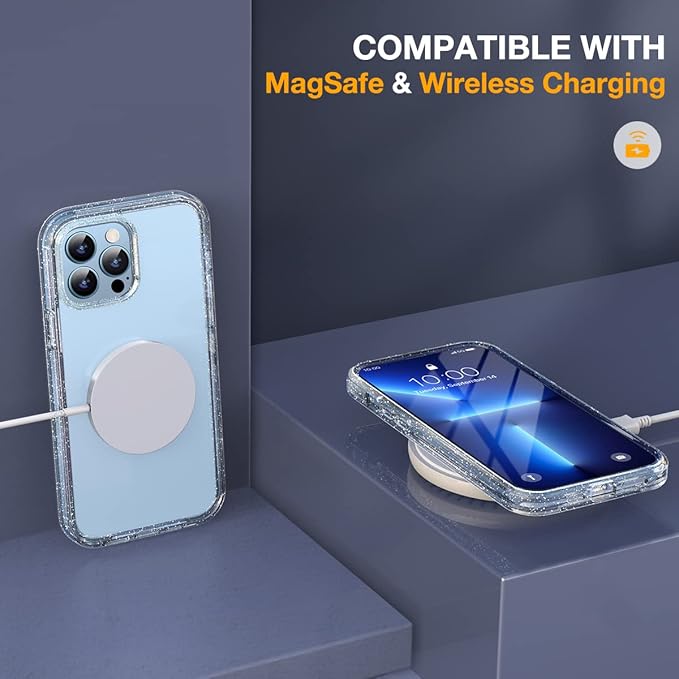 Miracase Glass Case for iPhone 13 Pro Max 6.7 inch, Upgrade Full-Body Clear Bumper Case with Built-in 9H Tempered Glass Screen Protector for iPhone 13 Pro Max, Clear Glitter