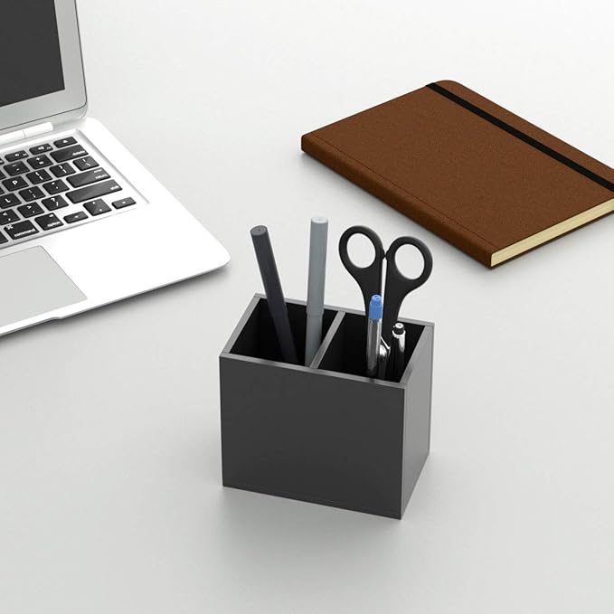NIUBEE Acrylic Pen Holder 2 Compartments, Black Pencil Organizer Cup for Countertop Desk Accessory Storage