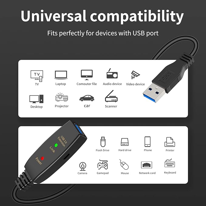 LDKCOK Active USB 3.0 Extension Cable 30ft– Male to Female Extender Cord, USB Extension Cable for USB Flash Drive, Card Reader, Hard Drive, Keyboard, PlayStation, Xbox, VR, Printer, Camera, Laptop