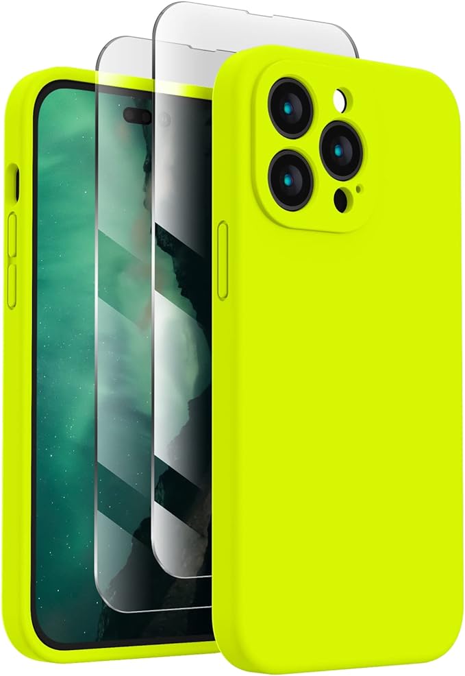 FireNova for iPhone 14 Pro Case, Silicone Upgraded [Camera Protection] Phone Case with [2 Screen Protectors], Soft Anti-Scratch Microfiber Lining Inside, 6.1 inch,Fluorescent Green