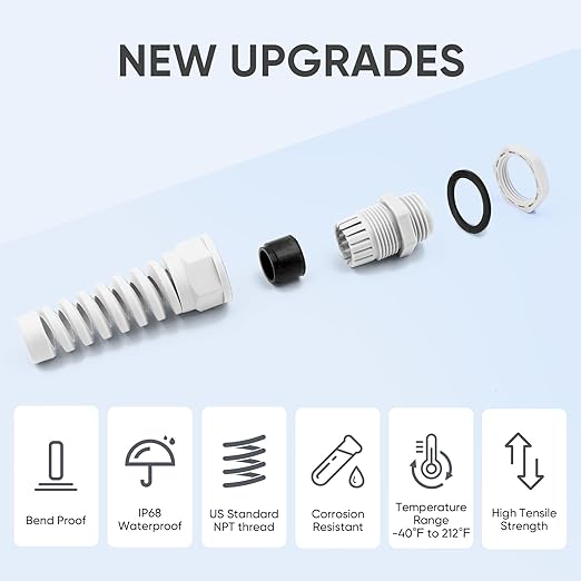 Strain Relief Cord Connector,LISTENJIALE 10Pcs NPT 3/8" Waterproof Cable Gland Flex Spiral Strain Relief Adjustable 5-10mm Cable Connector Nylon Joint with Gaskets(Grey)