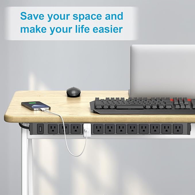 HHSOET 360° Rotating 12 Outlet Mountable Power Strip, Aluminum Alloy Power Strip Extension Cord, Heavy Duty Wall Mount Surge Protector with Switch, Works Great and Very Versatile, 6ft Power Cord.Black