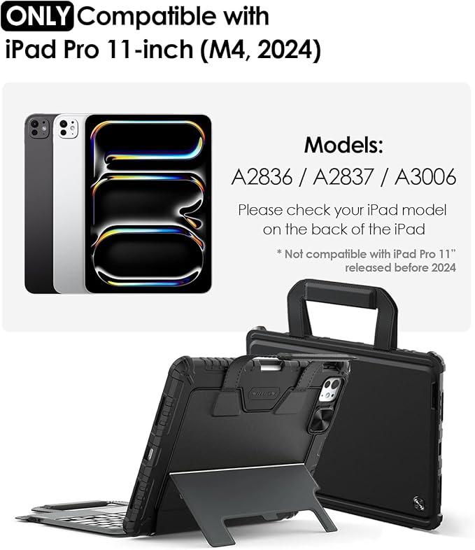 Nillkin Carry Go Keyboard Case for iPad Pro 11 inch (M4) 2024 with Handle, Rugged Case with Detachable Keyboard for iPad Pro 11, Magic Trackpad, 7 Colors Backlit, Camera Cover, Black