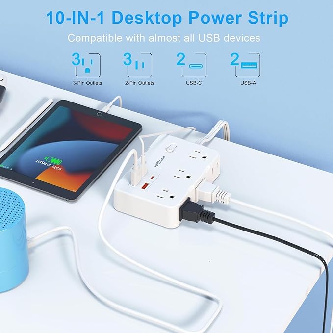 Flat Plug Power Strip Surge Protector, 5ft Ultra Thin Extension Cord with 4 USB Wall Charger(2 USB C Port), 6 Widely-Spaced Outlets Power Strip Compact for Travel, Office, Dorm Room Essentials (White)