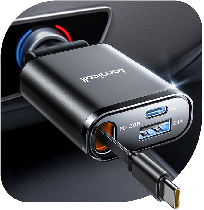 Lamicall Retractable Car Charger USB C Fast Charging 57W Type C Car Phone Charger fit iPhone 16 16e 15 Pro Max Plus Samsung Galaxy S25 S24 Ultra Pixel Android PT-47-Black