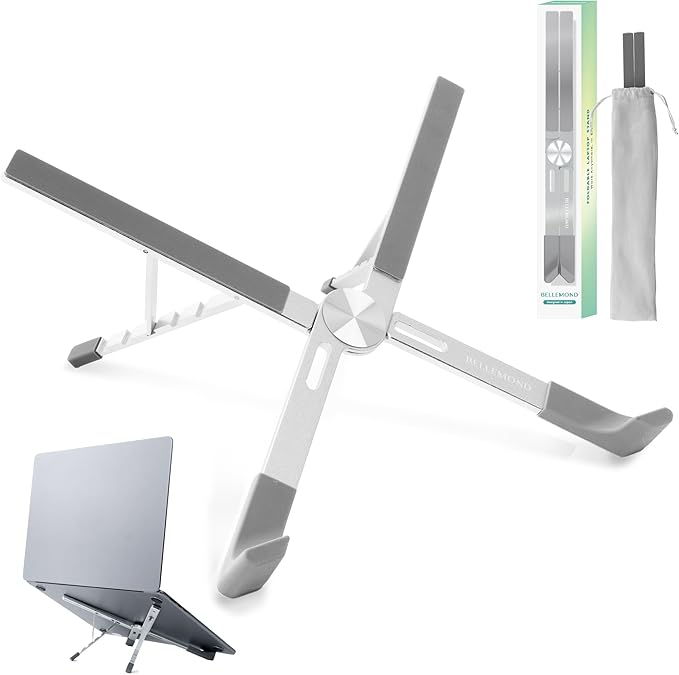 BELLEMOND | X-Shape Laptop Stand – Adjustable Aluminum Riser, 5 Height Levels, Lightweight & Foldable, Ventilated, for Laptops and Tablets up to 17.3" | Space Silver
