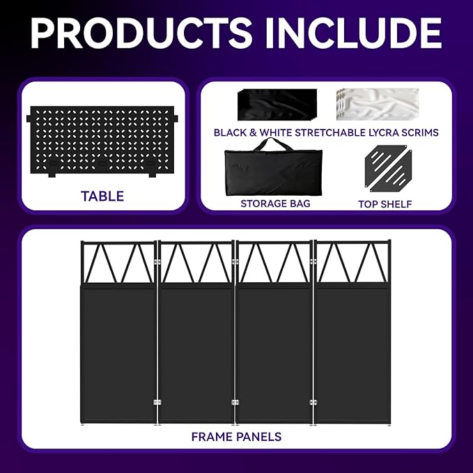 Portable DJ Booth Table,Foldable DJ Table Stand Portable with White & Black Scrim,Adjustable DJ Facade Table Station Triangle Plate Metal Frame DJ Table with Cable Hole for Private Events, Clubs, Bars