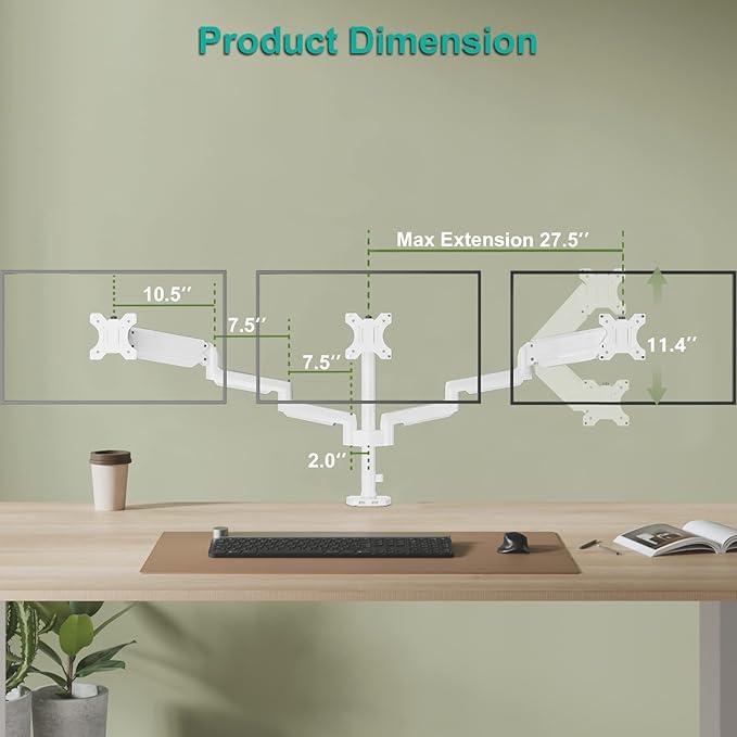 WALI White Triple Monitor Mount, 3 Monitor Desk Mount for Multi Screens from 13 to 27inch with Gas Spring Arm, Fully Adjustment Arm with Tilt, Swivel, Rotate VESA Mount 75x75,100x100mm(GSDM003W-U)
