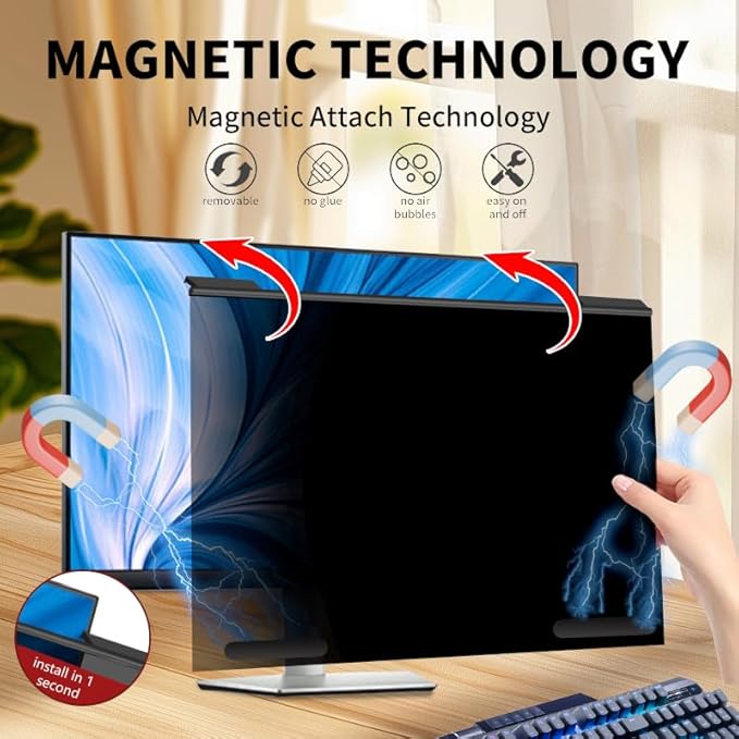 Magnetic Hanging Computer Privacy Screen Filter for 19.5 Inch, Removable Aluminum Alloy Privacy Shield for 16:9 Widescreen Monitor, Eye Protection Blue Light Filter