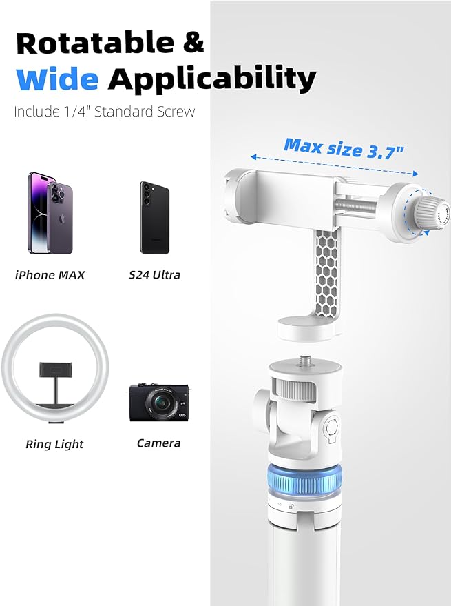 Kaiess 62" Phone Tripod & Selfie Stick, Extendable Photography Light Stand with Wireless Remote, Solidest, Portable, Lightweight, Compatible with iPhone/Android Phone (White)
