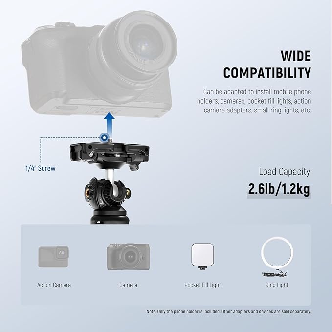 NEEWER TP38 Phone Camera Tripod, 15" Extendable Selfie Stick Metal Stand with Phone Holder, Action Camera Adapter Compatible with Hero 12 11 10 9, 360° Ball Head Travel Tripod for Vlogging