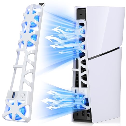 PS5 Slim Cooling Fan with Adjustable Speed - 3 Mode Speeds, Low Noise, Auto Power On/Off, with USB 3.0 Port, LED Light, Efficient Cooling System for PS5 Disc and Digital