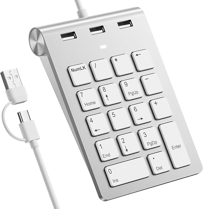 Wired Numeric Keypad USB-C & USB-A - 18 Keys Number Pad with 3 USB 2.0 Port, 15° Ergonomic Numeric Pad for Laptop/ Desktop/ Surface/ iPad, USB Number Keypad for Windows/macOS/Chrome OS, Plug & Play