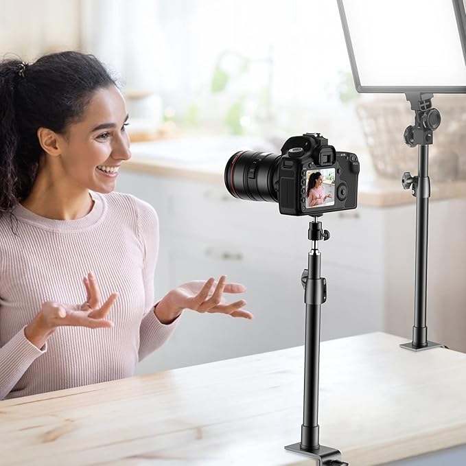 2-Pack Camera Desk Mount Stand with 1/4" Ball Head and Cold Shoe Mount Adapter,12.9-22" Tabletop Mounts Stand, Adjustable Aluminum Desktop Light Stand, for DSLR Camera, Ring Light, Video Light