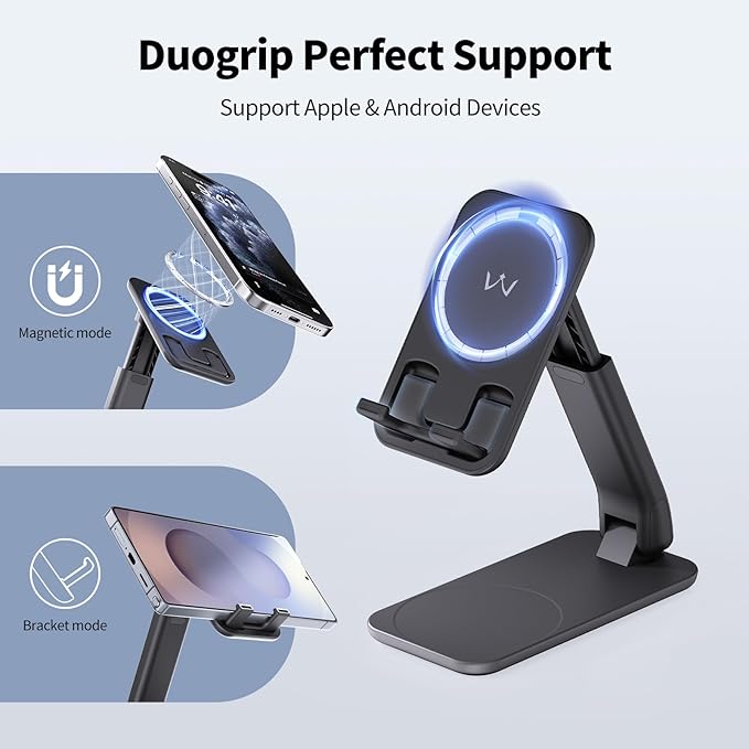 iWALK Magnetic Cell Phone Stand for Desk, Angle and Height Adjustable Mobile Phone Holder, Foldable Magnet Stand for iPhone 16 15 14 13 12 Pro Max and iPad, Cell Phone Holder for Samsung Galaxy, Black