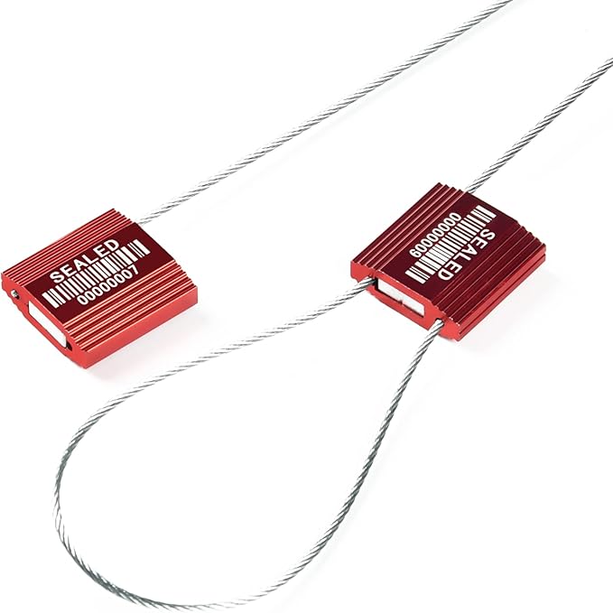 100 Red Steel Cable Seals With Barcode - High Security Numbered Truck Anti-Tamper Pull Tite Tags - Metal Container Shipping Self-Locking Safety Ties ISO 17712