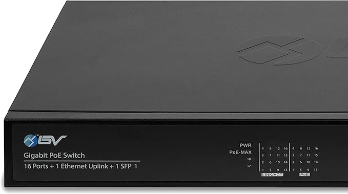 BV-Tech 16 Ports PoE+ Switch (16 Gigabit Ethernet Ports | 1 Ethernet +1 SFP Uplink) -230W - Fanless Desktop Design, Sturdy Metal Housing - 802.3af/at