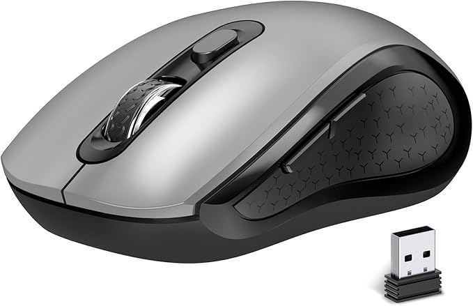 Wireless Mouse Ergonomic, Side Buttons Mouse, 2400 DPI, Silent and Anti Slip Roller Cordless Mice, 2.4Ghz with USB Receiver, 6 Buttons, Suitable for Laptop PC Chromebook and Windows 11/10/7 - Grey