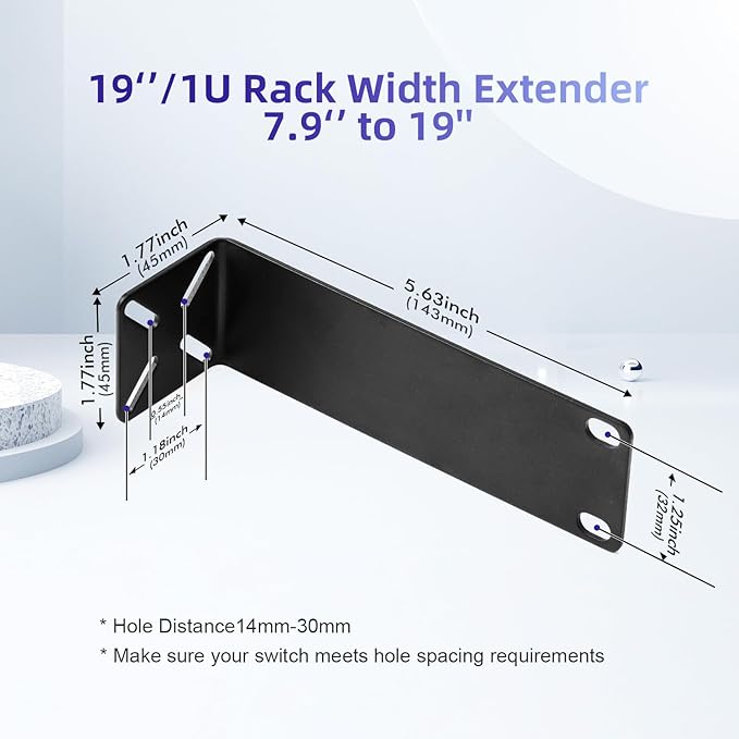 Rack Mount Kit for 7.9 inch Switches, Adjustable Rack Ears for Netgear, Cisco, D-Link, TRENDnet and HP Products, Mount 7.9" Wide to 19" Equipment, Adjustable Hole Distance 14-30mm