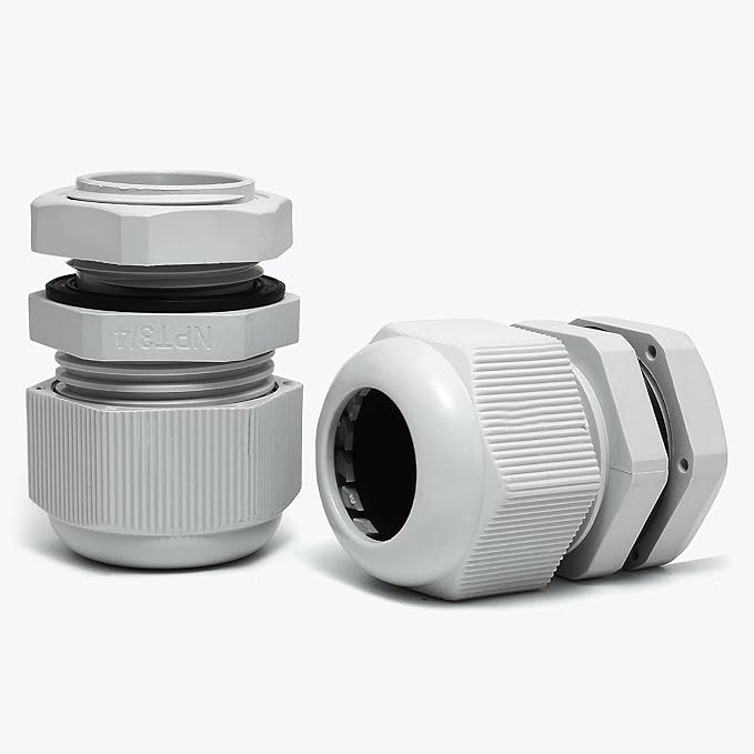 20 Pcs 3/4" NPT Nylon Cable Glands, IP68 Waterproof Adjustable Cord Grip Cable Connector Strain Relief Wire Protectors for 13-18mm Cable Diameter, Grey