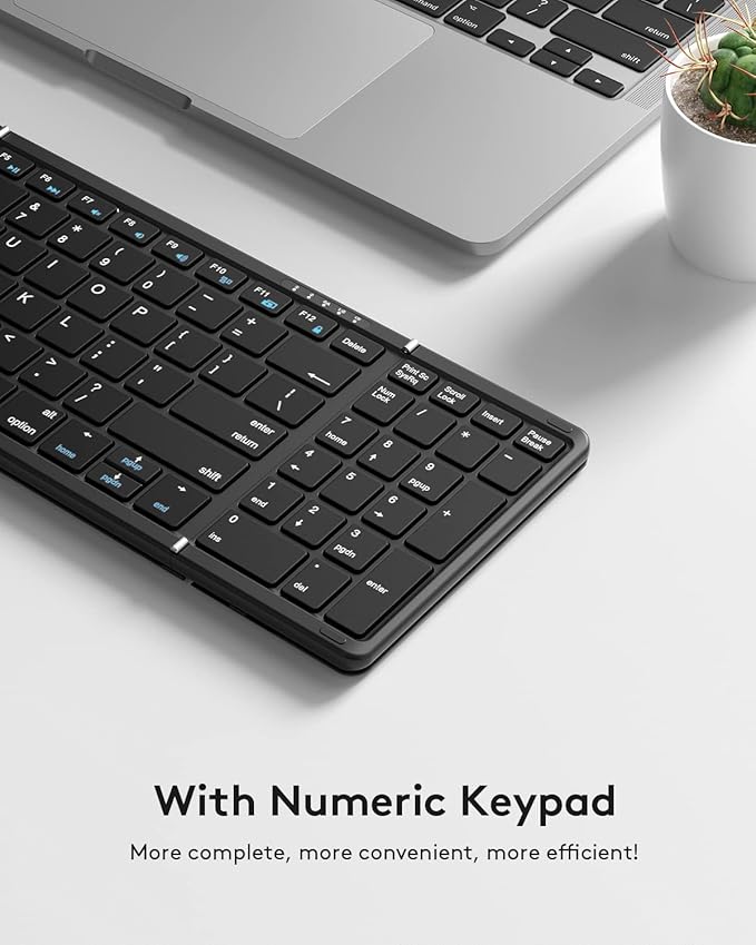 Samsers Foldable Bluetooth Keyboard with Numeric Keypad, Full-Size Wireless Folding Keyboards with PU Leather, Portable Travel for iOS Android Windows Mac OS, Support 3 Device(BT5.1 x 3)-Black