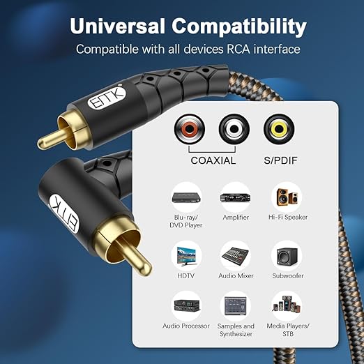EMK 90 Degree RCA Subwoofer Cable 24K Gold-Plated Connector Nylon Braided Double Shielded – Support Digital & Analog Signals for Amplifier, Home Theater, Hi-Fi System,Subwoofer Black/50ft/15m