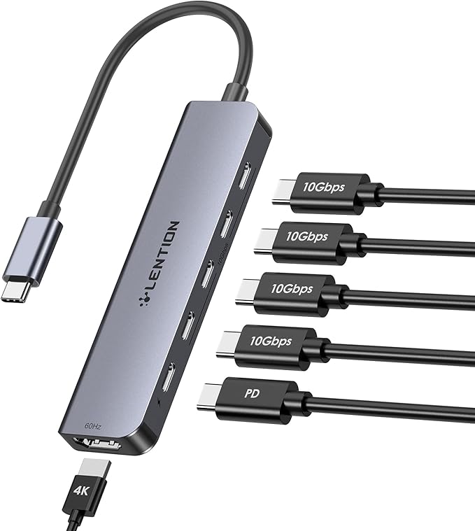 LENTION 6-in-1 USB C Hub Dock with 4K @60HZ HDMI Display, 4 USB-C Ports (USB 3.2 Gen 2, 10 Gbps), PD 100W Charging and for iPhone15 Series, New MacBook Pro, Mac Air, More (CE33, Space Gray)