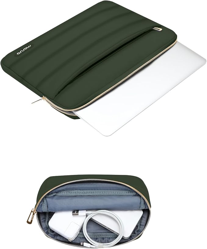 MOSISO 13.3 inch Laptop Case, 13-13.3 inch Puffy Laptop Sleeve Compatible with MacBook Air 13 13.6 M4 M3 M2 M1/Pro 13/Pro 14, HP Dell ASUS Lenovo,Polyester Horizontal Bag with Small Case, Army Green