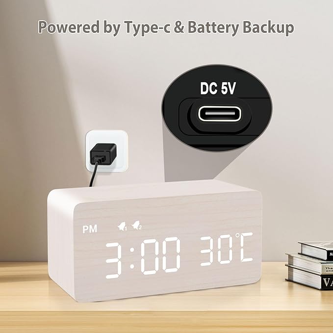 MOSITO Digital Wooden Alarm Clock with Wireless Charging, 0-100% Dimmer, Dual Alarm, Weekday/Weekend Mode, Snooze, Wood LED Clocks for Bedroom, Bedside, Desk, Kids (White)