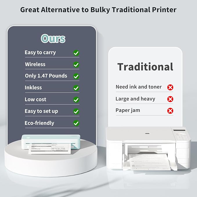JADENS Portable Printers Wireless for Travel, Thermal Inkless Printer, Support 8.5" X 11" Thermal Paper(Green)