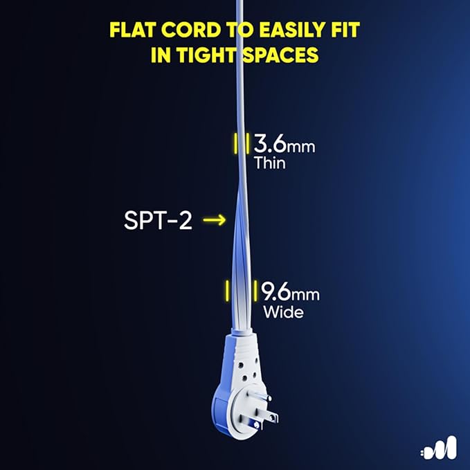 Maximm Cable 2 Ft 360° Rotating Flat Plug Extension Cord, 16/3 AWG Multi 3 Outlet 3-Prong Grounded Wire- White - UL Certified