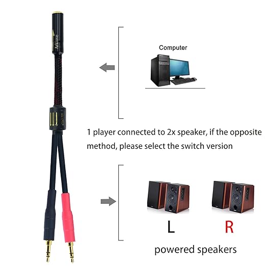 Arklove 5ft Shielded 1/8" aux Input 3.5mm Female to 2X 3.5 Output Splitter Stereo Audio Video Cable Out 3.5 Male to Two 3.5 Male in Dual Speaker Cord 24k Gold Plated