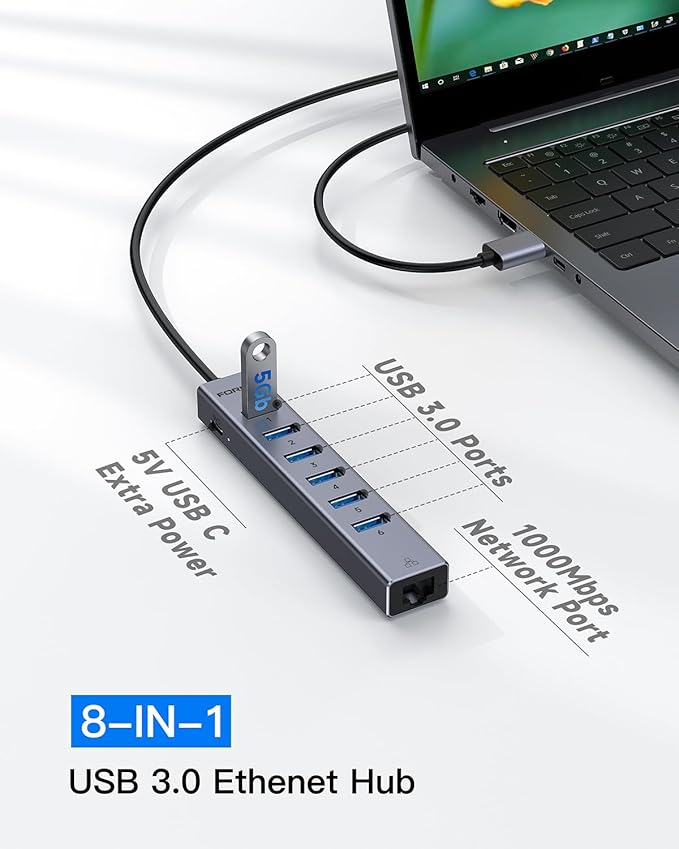 7 Port USB Hub USB Ethernet HUB with 3.9ft Long Cable for Laptop, USB Splitter with Gigabit Ethernet Port and 5V/3A Power Port, MultiPort Aluminum Expander for Laptop, iMac, PC, Flash Drives