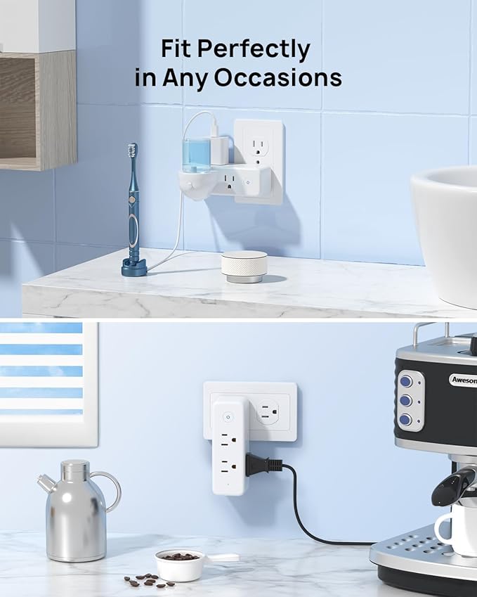 TROND Outlet Extender Surge Protector, 6 AC Outlet Splitter with 360° Rotating Plug, 1440J, 3-Sided Swivel Wall Plug Adapter with Power Switch, Multi Plug Expander for Home Office Travel