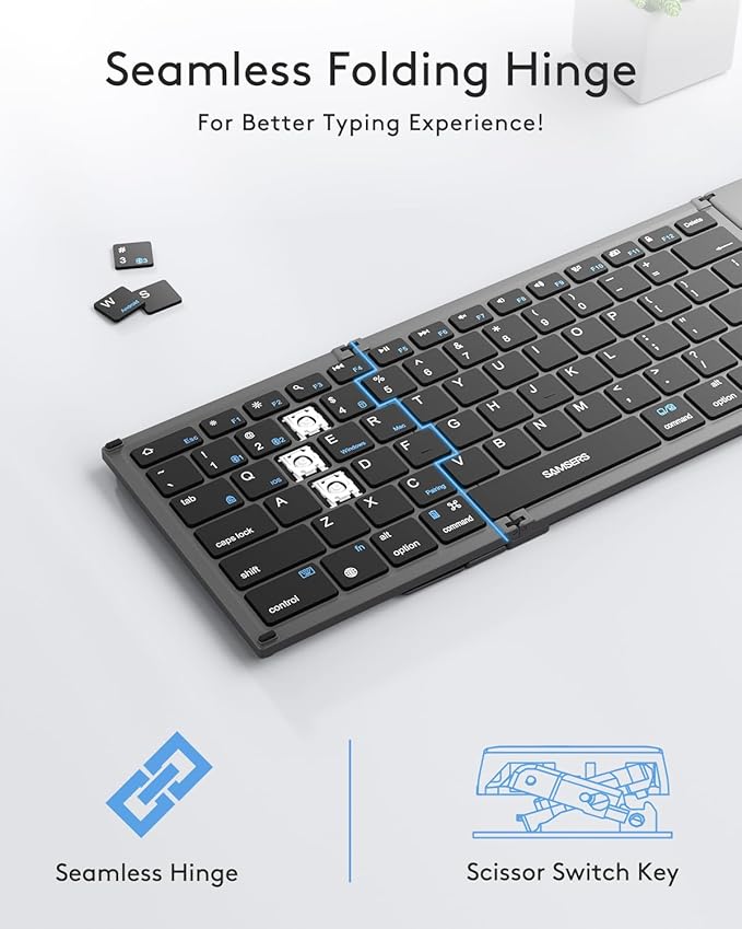 Samsers Foldable Bluetooth Keyboard with Touchpad, Full-Size Dual-Mode Wireless Folding, Rechargeable Portable Travel for iOS Android Windows Mac OS, Support 4 Device(BT5.1x3 + 2.4G)