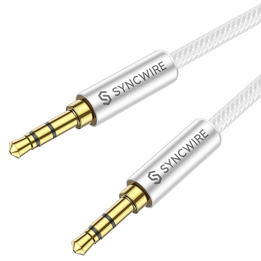 SYNCWIRE 3.5mm Nylon Braided Aux Cable (3.3ft/1m,Hi-Fi Sound), Audio Auxiliary Input Adapter Male to Male AUX Cord for Headphones, Car, Home Stereos, Speaker, iPhone, iPad, iPod, Echo & More – Silver