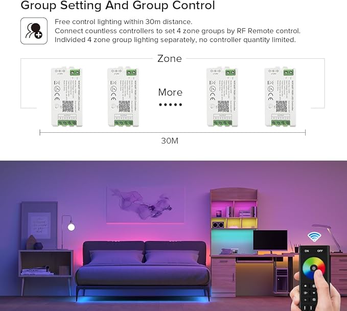 BTF-LIGHTING 5050SMD FCOB COB RGBW RF Remote RC03RFB & C04RF Tuya Controller Kit 4 Zones RF 2.4GHz Wireless Remote Group Control PWM(+ R G B W) 5pin LED Strip DC5V DC12V DC24V