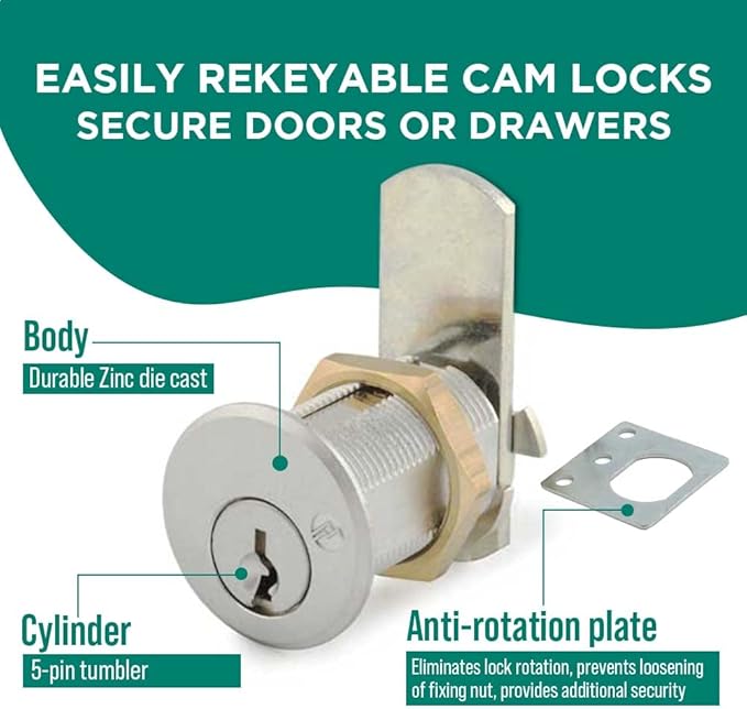 Olympus Lock DCN3 Rekeyable Cam Lock | 1-3/8" Cylinder 915 Key, Keyed Alike | US26D Chrome Cabinet Lock | Grade 1 Reversible for Doors & Drawers