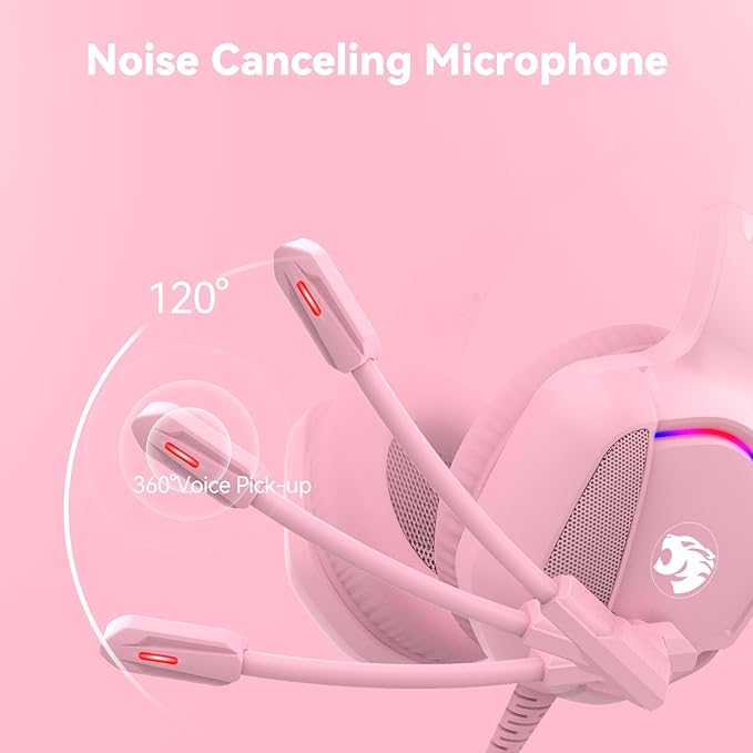 Gaming Headset with Microphone for Pc, Xbox One Series X/s, Ps4, Ps5, Switch, Stereo Wired Noise Cancelling Over-Ear Headphones with Mic, RGB, for Computer, Laptop, Mac, Nintendo, Gamer (Pink)