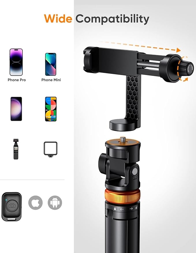 EUCOS 62" Phone Tripod, Tripod for iPhone & Selfie Stick Tripod with Remote, Extendable Phone Tripod Stand & Travel Tripod, Solidest Cell Phone Tripod Compatible with iPhone/Android