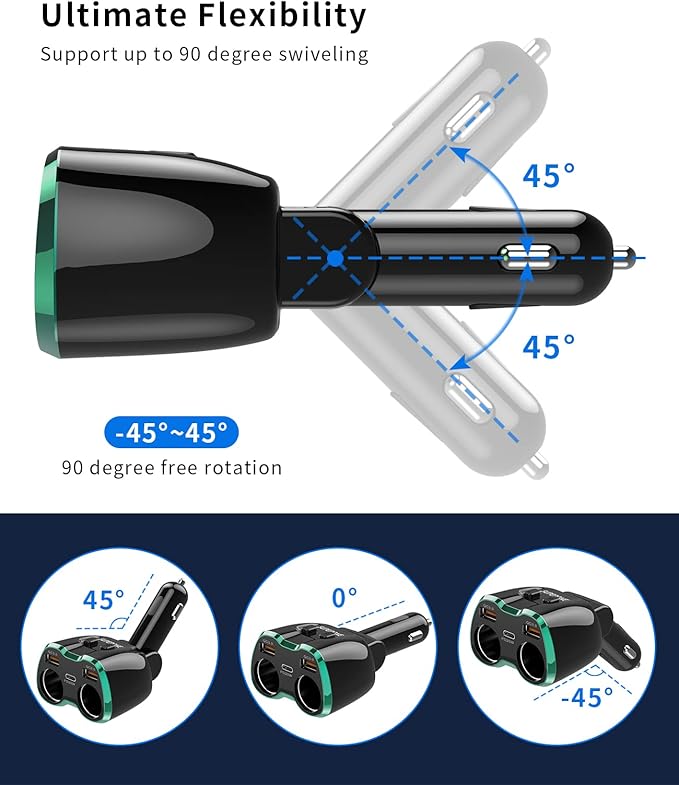 [2025 Upgraded] Cigarette Lighter Splitter, SUPERONE 180W 2-Socket Cigarette Lighter Adapter with Dual QC3.0 and 20W PD USB C Car Charger Splitter for GPS/Dash Cam/Laptop/iPad/iPhone 16/15/14/13/12/11