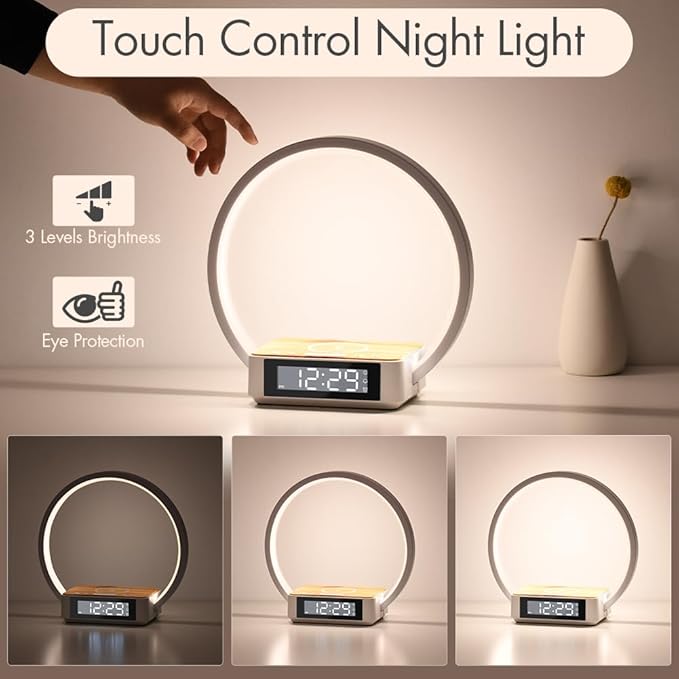 Wireless Charging Station with Alarm Clock,Bedside Lamp with Sunrise Wake-Up Light,Wireless Phone Charger,Touch Table Lamp with 3 Brightness Levels,Idea Gifts for Women,Men,Teens,Adults