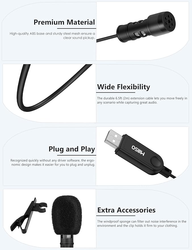 MillSO USB PC Microphone Plug & Play USB Lavalier Microphone Omnidirectional - Image 8