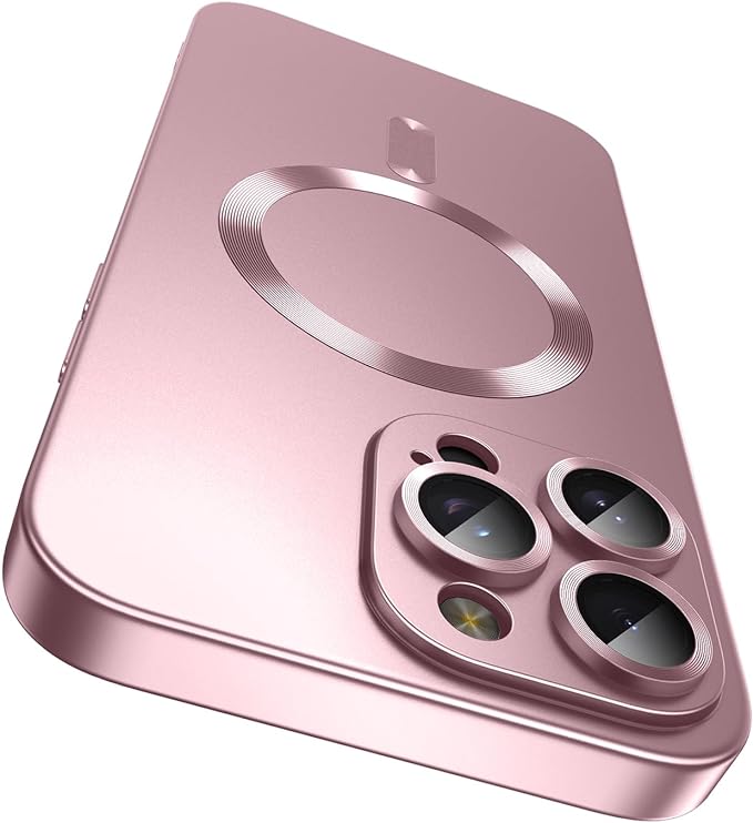 Magnetic for iPhone 16 Pro Case [Compatible with MagSafe][Built-in Camera Lens Protector] Slim Soft Silicone Bumper Shockproof Metallic Luster Phone Case (Rose Gold)