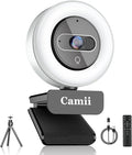 4K Webcam with Light, HD Webcam for PC with Remote Control, Built-in Privacy Cover, Adjustable Brightness, Noise Reduction Mics, for Zoom Skype Teams Laptop and Google Meet