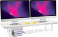 Dual-Monitor-Stand-Riser-For-Desk Adjustable Length 32-40 Inch，Large Desktop Computer Monitor Riser For 2 Screens，Desk Shelf Organizer Riser Stand For Computer/Laptop/PC/Printer/TV White