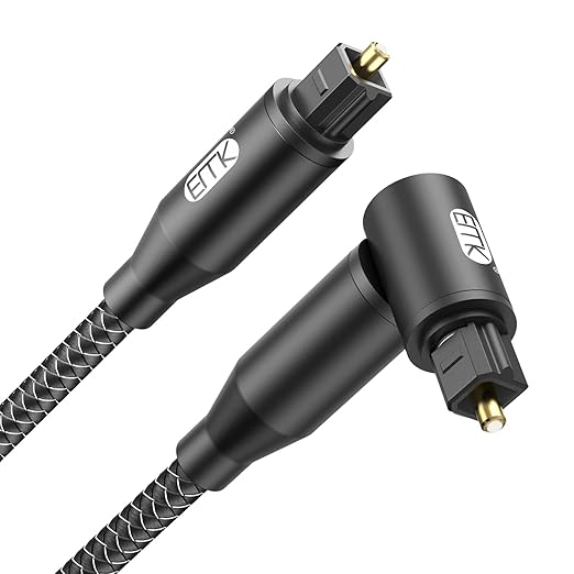 EMK 90 Degree Right Angle Optical Audio Cable [15ft/5M] - 360° Rotatable Digital Toslink SPDIF Cable for Soundbar to TV, Home Theater - Black Fiber Optic Cable with Angled Connector